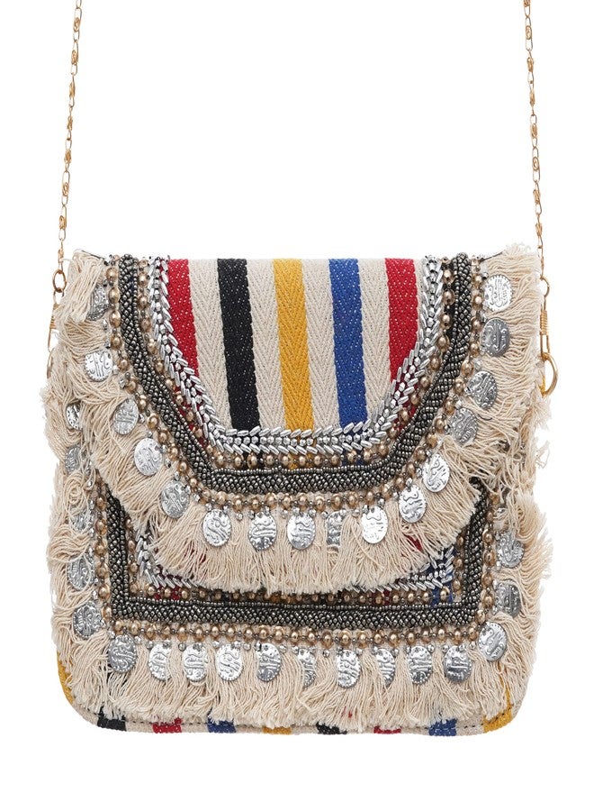 iinfinize Stylish Vintage Banjara Fabric Designer Clutch For Women Trendy Handbag with Golden Chain Strap - Image 2